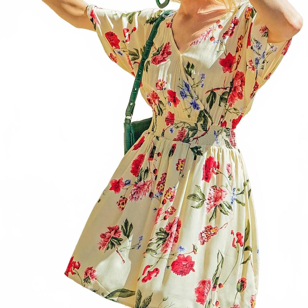 NEW KORI hibiscus print mini dress with smocked waist in beige